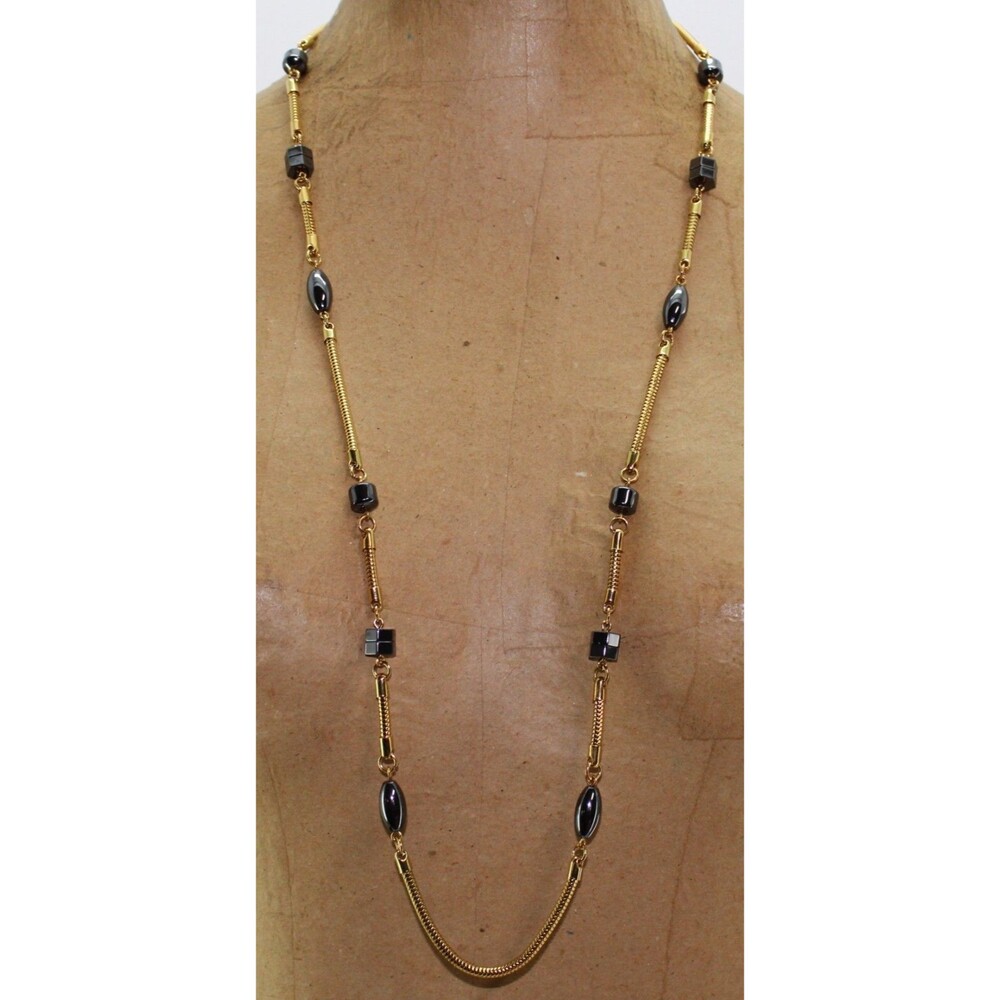 Vintage Monet Signed Long Hematite Bead & Gold Tone Snake Chain Necklace 34"
